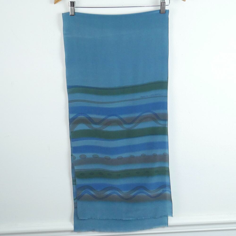 Hand Painted Silk‎ Scarf 14" x 62" Roberta Glidden Art to Wear Blue Green Stripe